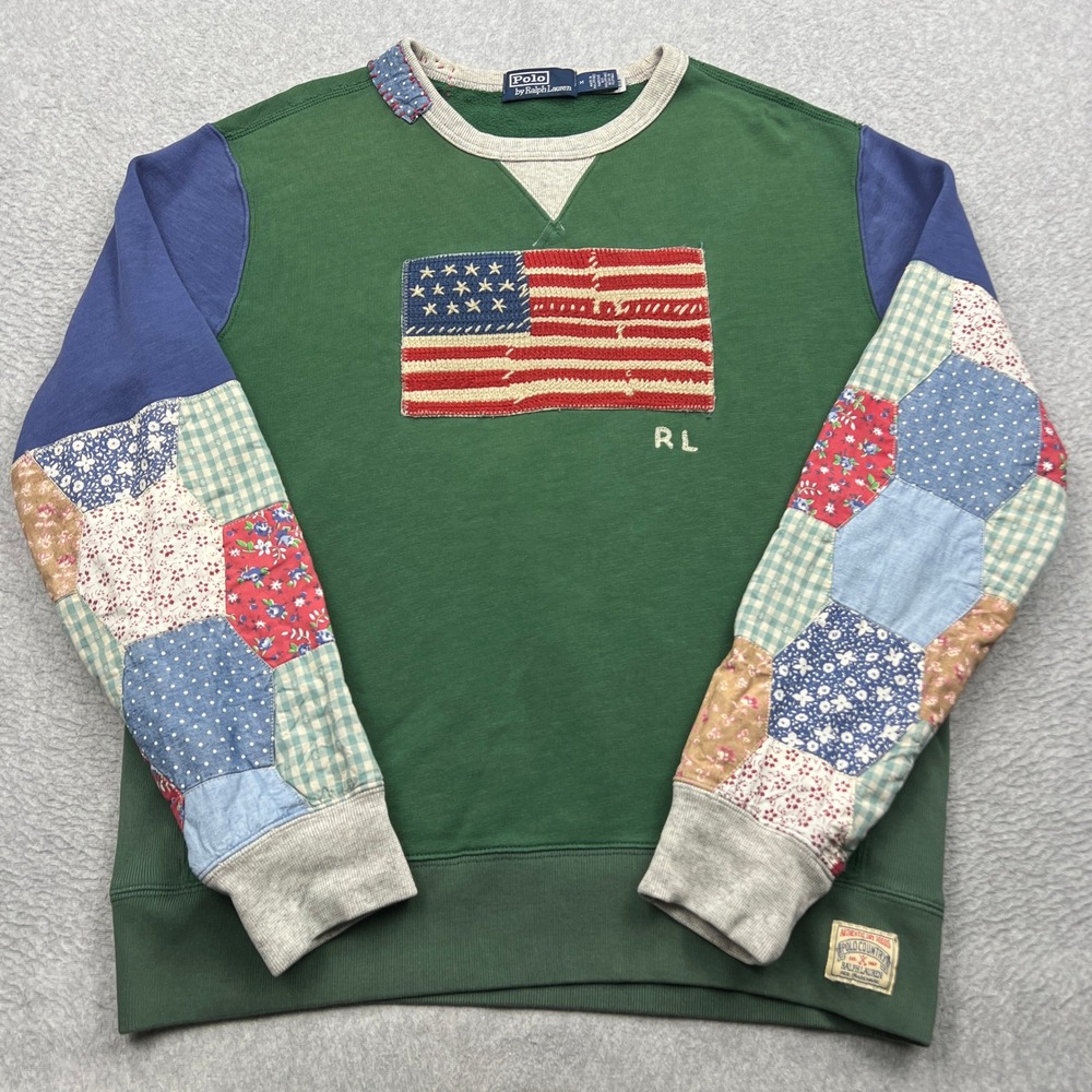 Polo Ralph Lauren Country Patchwork Flag Sweatshirt Mens Medium Quilted Crewneck